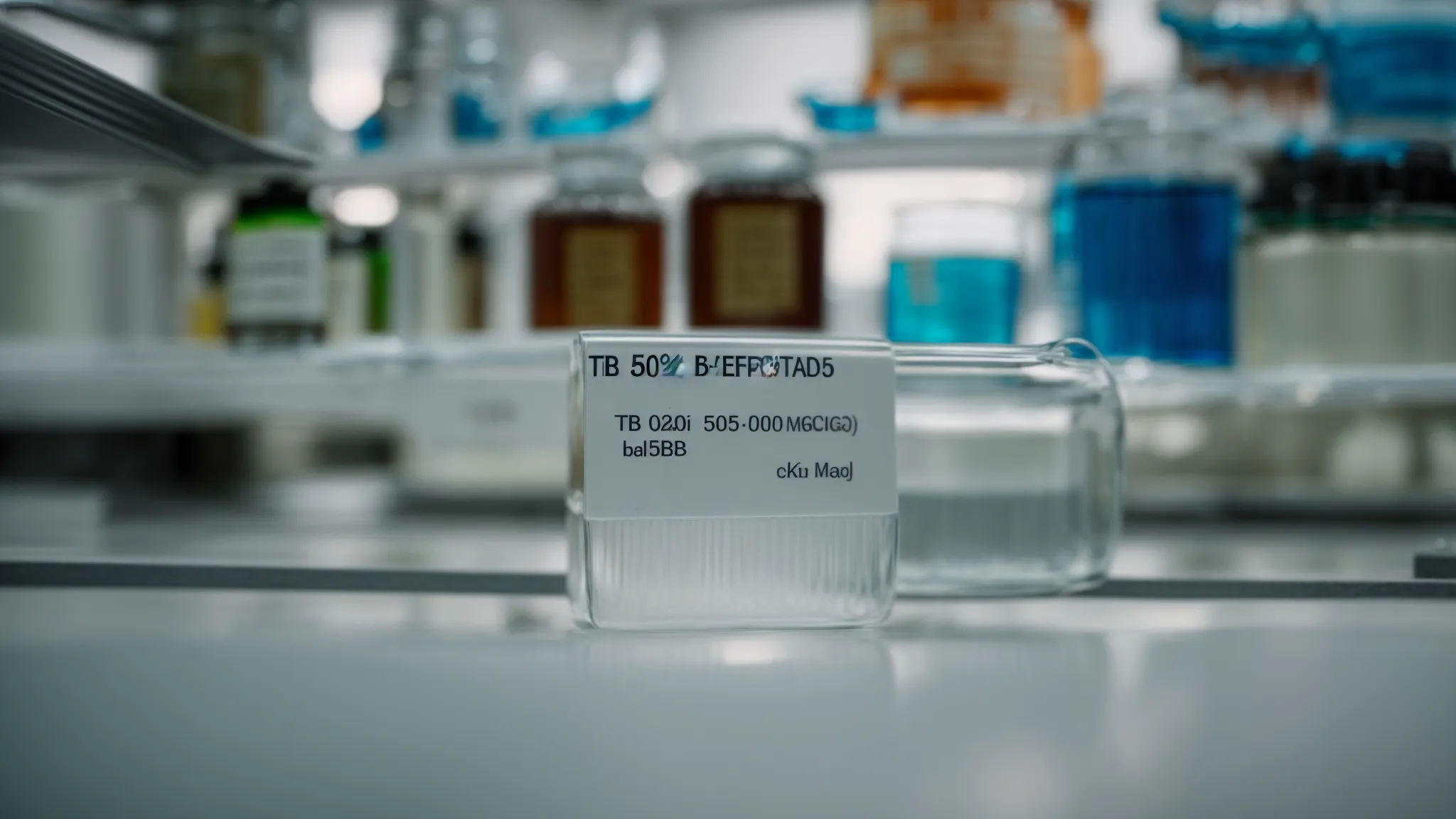 a vial labeled "tb-500 2mg peptide" sits prominently on a laboratory bench amidst research equipment.