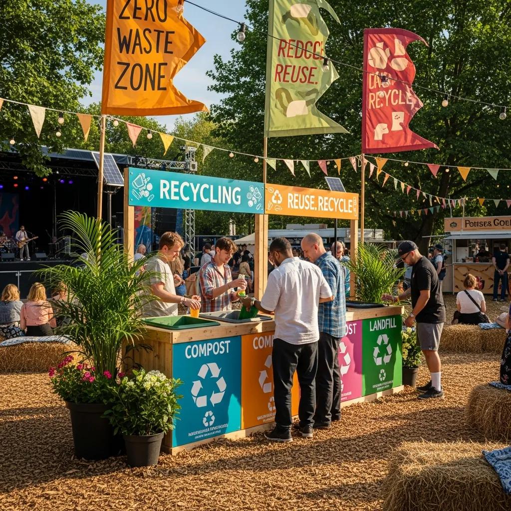Attendees participating in waste sorting at a festival recycling station, highlighting eco-friendly practices