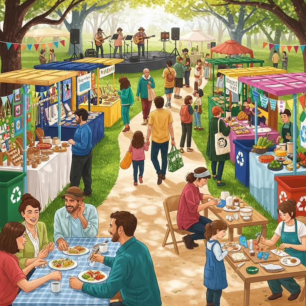 Community members engaging with local vendors and artists at a sustainable festival, showcasing local support