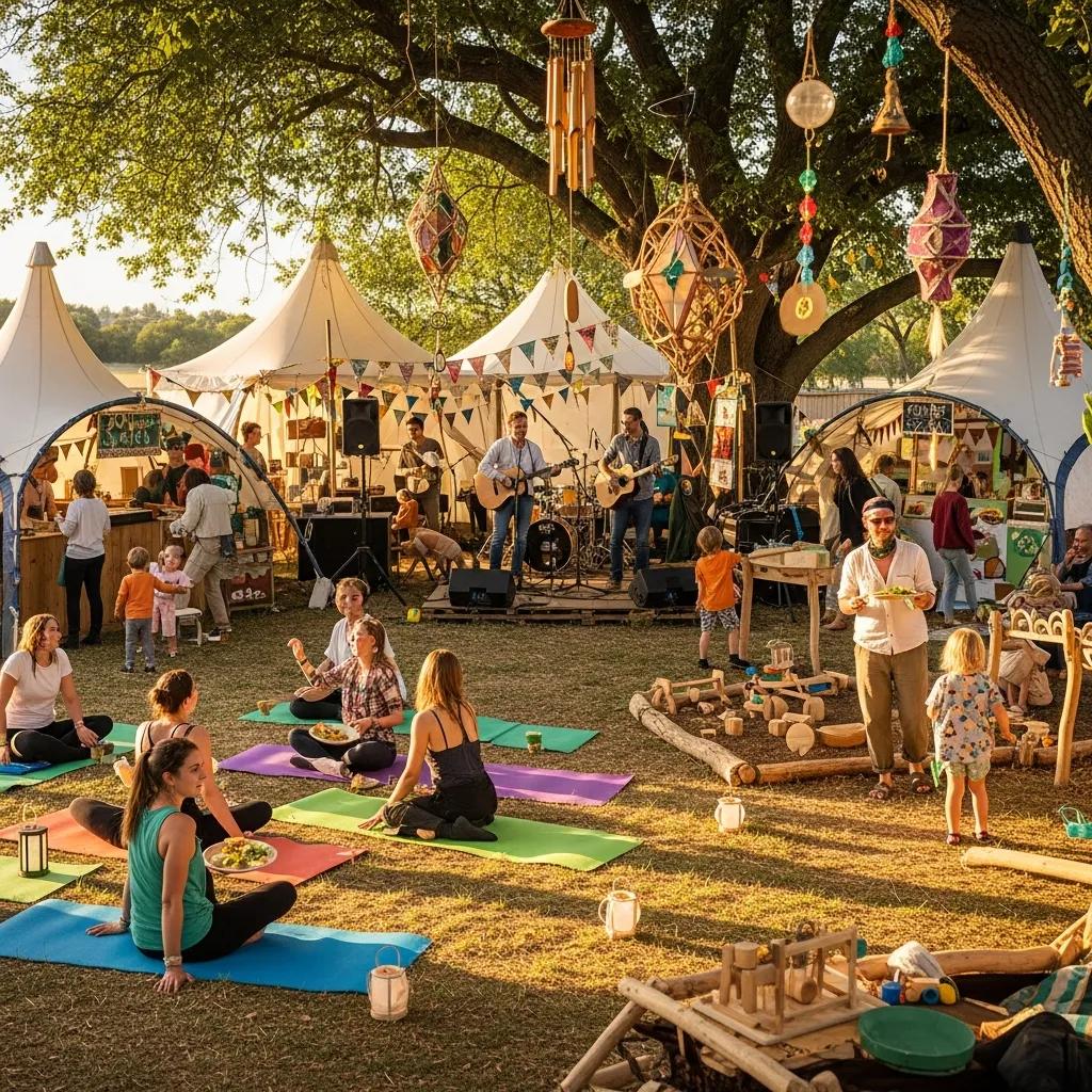 Diverse festival-goers enjoying a vibrant sustainable festival with eco-friendly decorations and activities