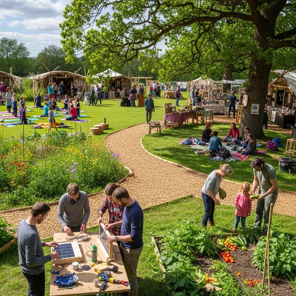 Diverse group of people engaging in sustainable living activities at the Big Green Gathering